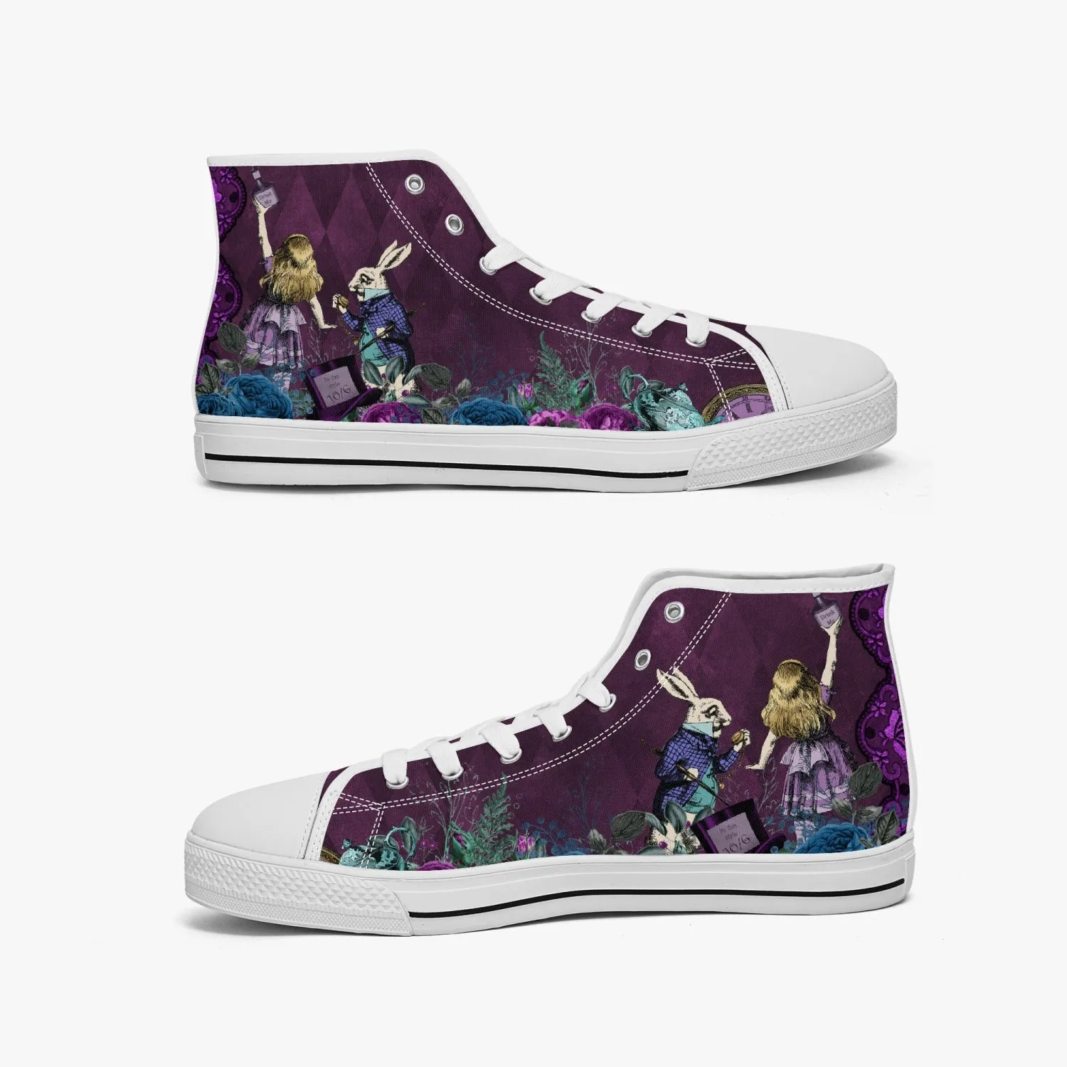 Alice in Wonderland Gothic high top womens sneakers  - The White Rabbit and Alice Pastel Goth sneakers (JPREG52)