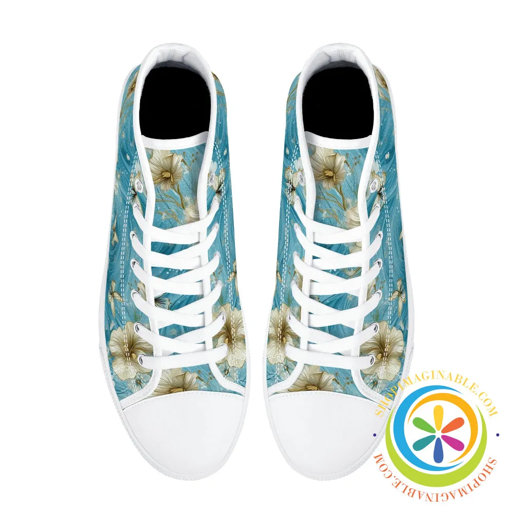 Blue Butterfly Floral Ladies High Top Canvas Shoes