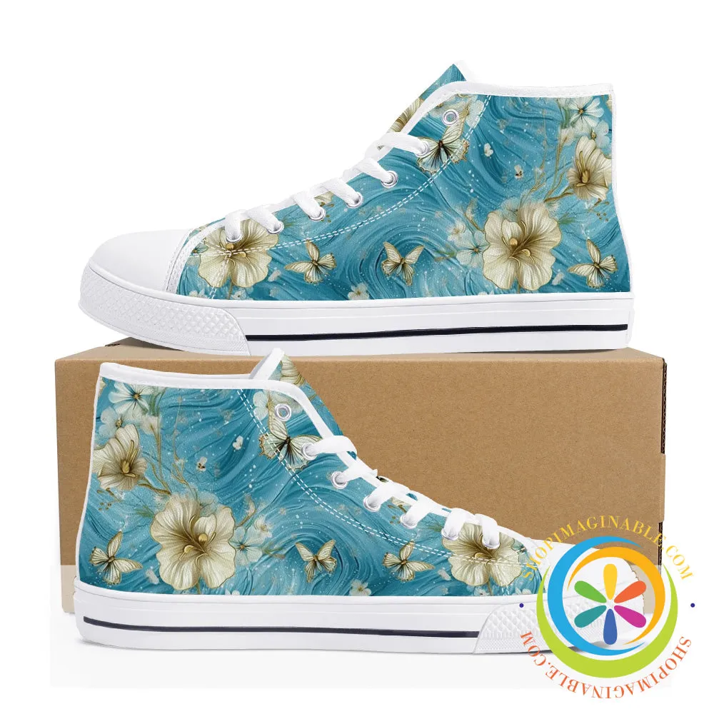 Blue Butterfly Floral Ladies High Top Canvas Shoes