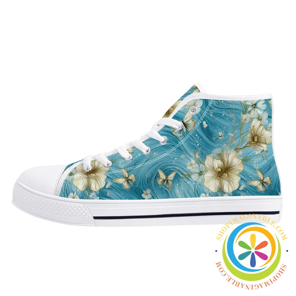 Blue Butterfly Floral Ladies High Top Canvas Shoes