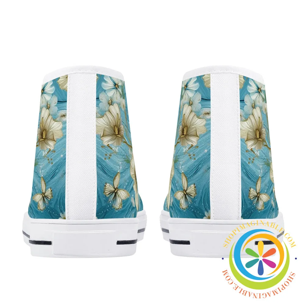 Blue Butterfly Floral Ladies High Top Canvas Shoes