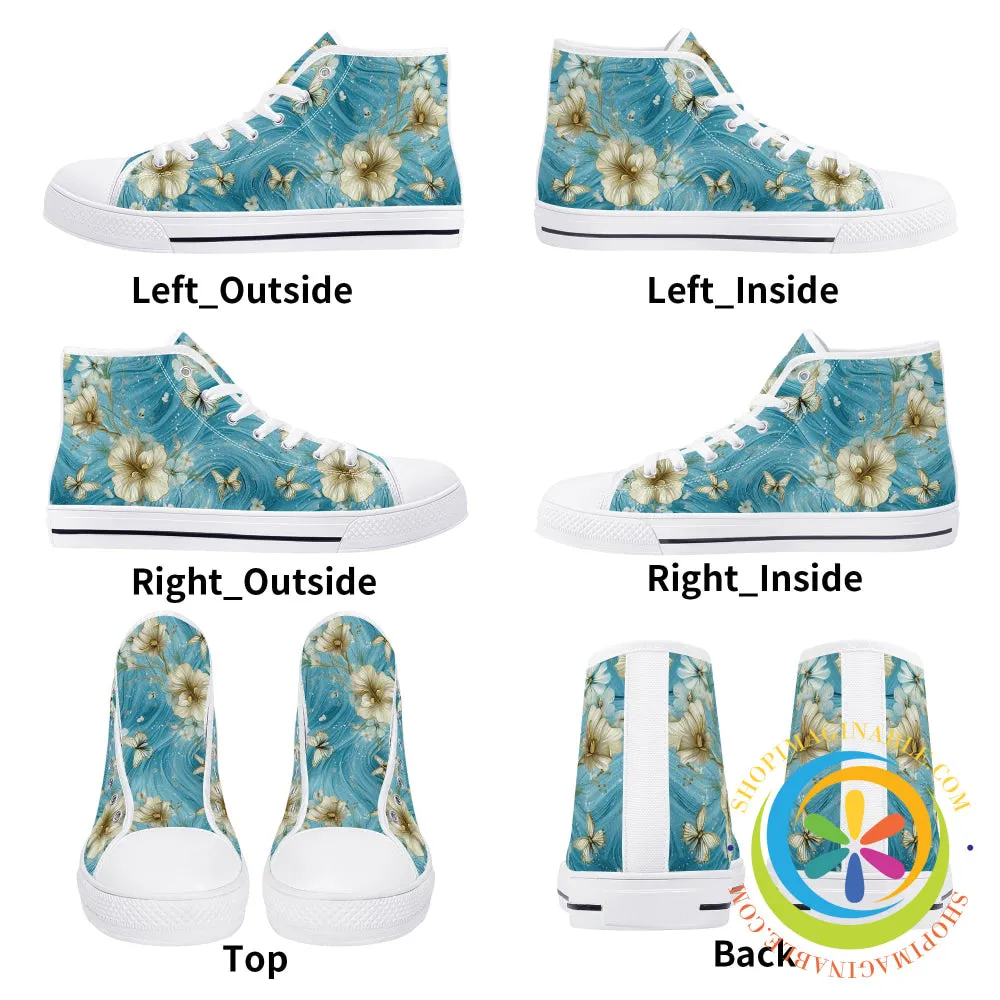 Blue Butterfly Floral Ladies High Top Canvas Shoes