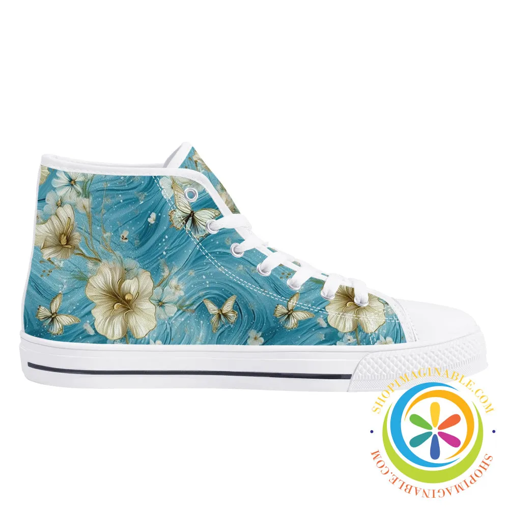 Blue Butterfly Floral Ladies High Top Canvas Shoes