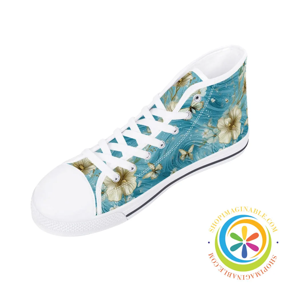 Blue Butterfly Floral Ladies High Top Canvas Shoes