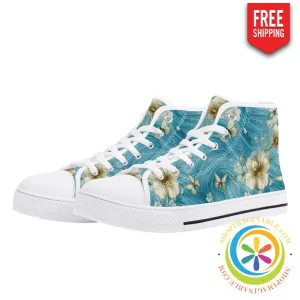 Blue Butterfly Floral Ladies High Top Canvas Shoes