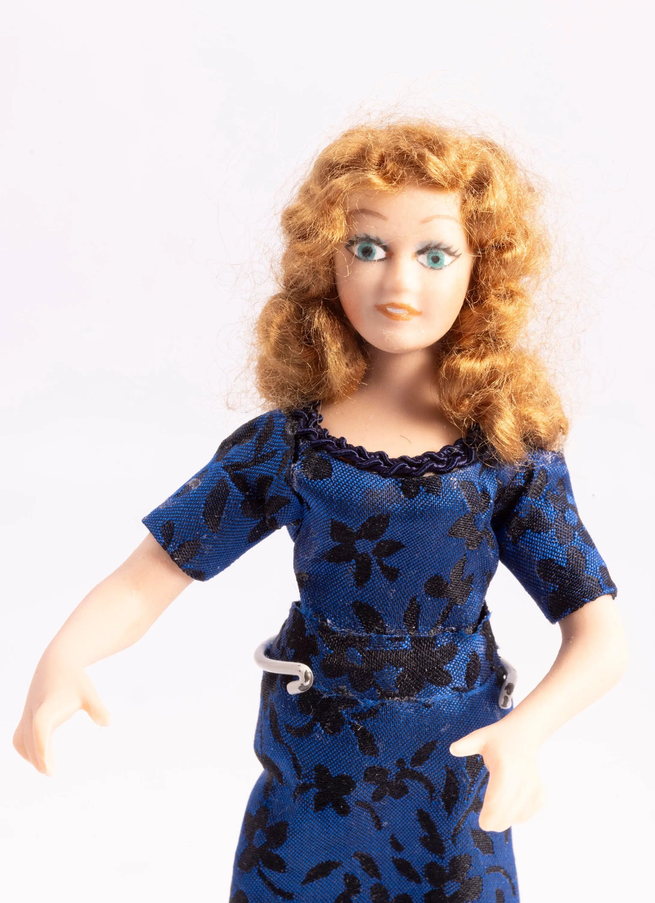 Dollhouse Miniature ~ Modern Woman Doll in Blue Dress, Handmade Porcelain