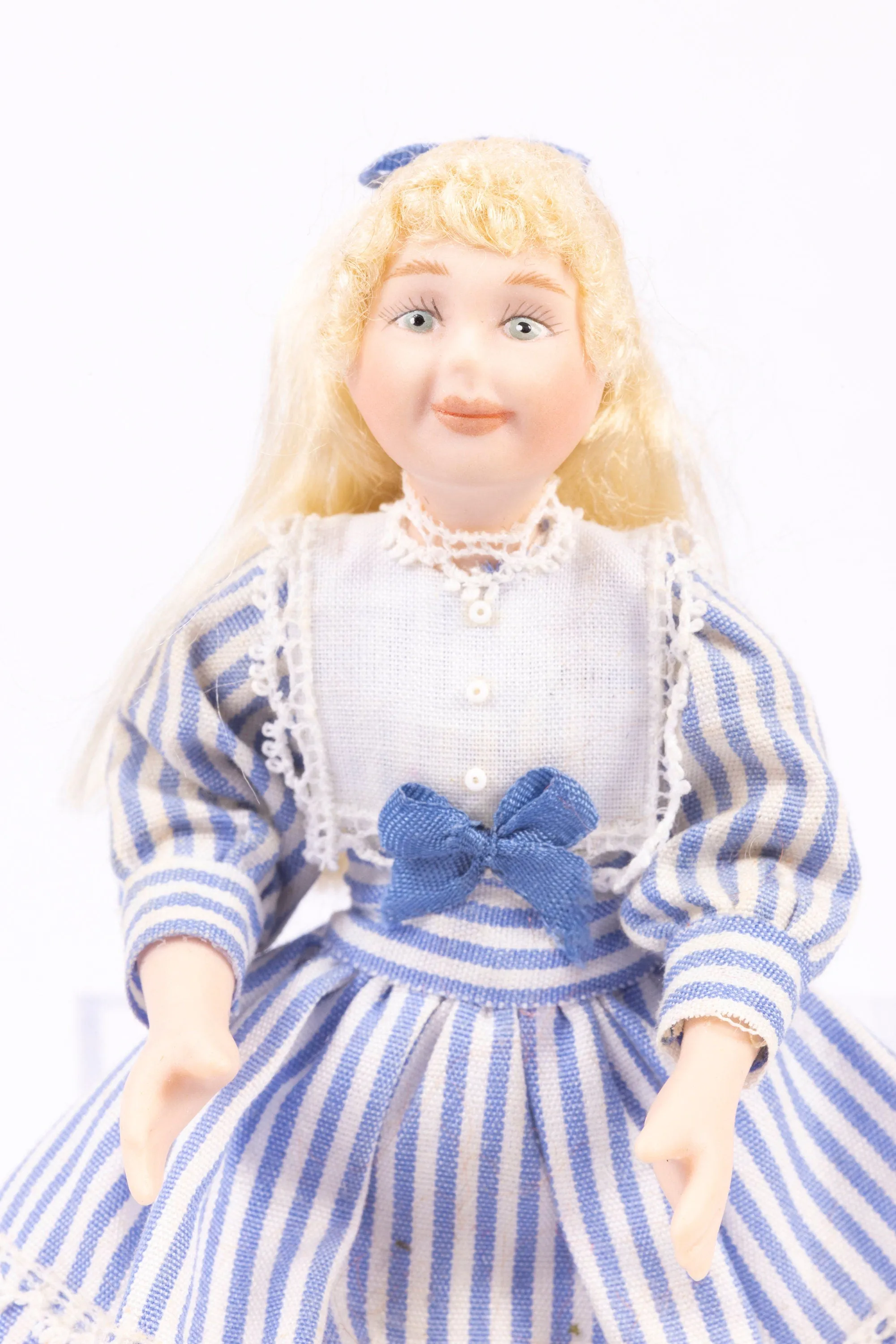 Dollhouse Miniature ~ Porcelain Young Girl Doll in Blue Pin Striped Dress