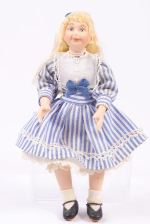 Dollhouse Miniature ~ Porcelain Young Girl Doll in Blue Pin Striped Dress