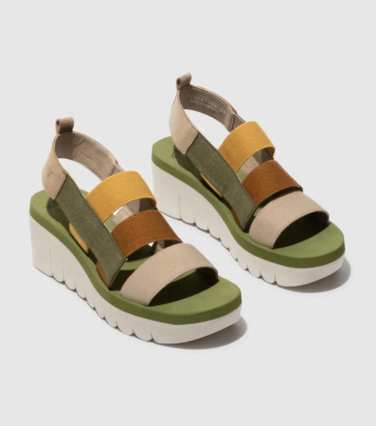 Fly London Yere847Fly Cloud Multicolour Army Green Strappy Wedge Made In Portugal