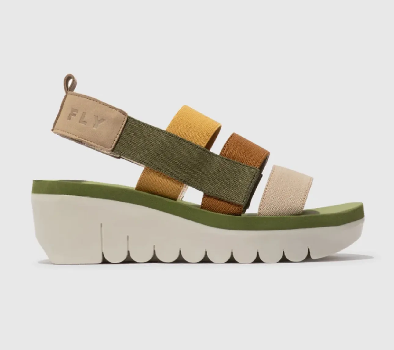 Fly London Yere847Fly Cloud Multicolour Army Green Strappy Wedge Made In Portugal