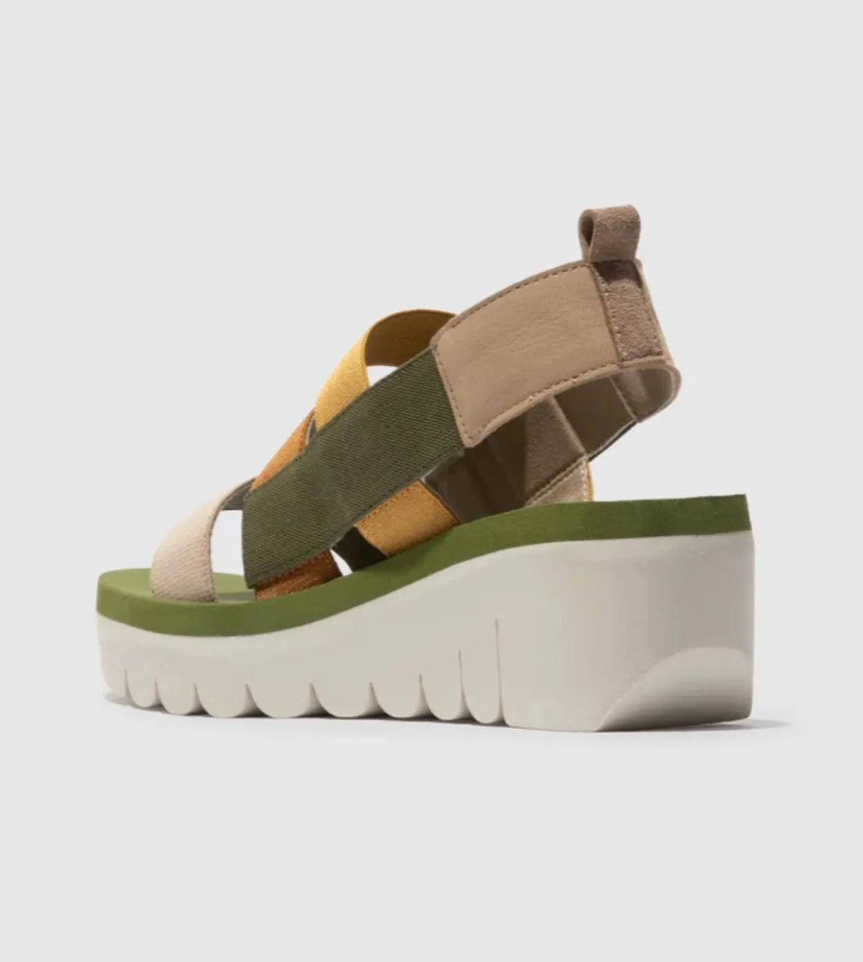 Fly London Yere847Fly Cloud Multicolour Army Green Strappy Wedge Made In Portugal