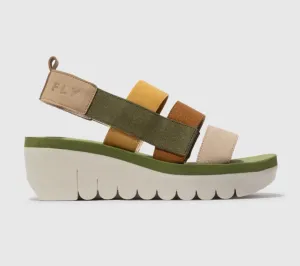 Fly London Yere847Fly Cloud Multicolour Army Green Strappy Wedge Made In Portugal