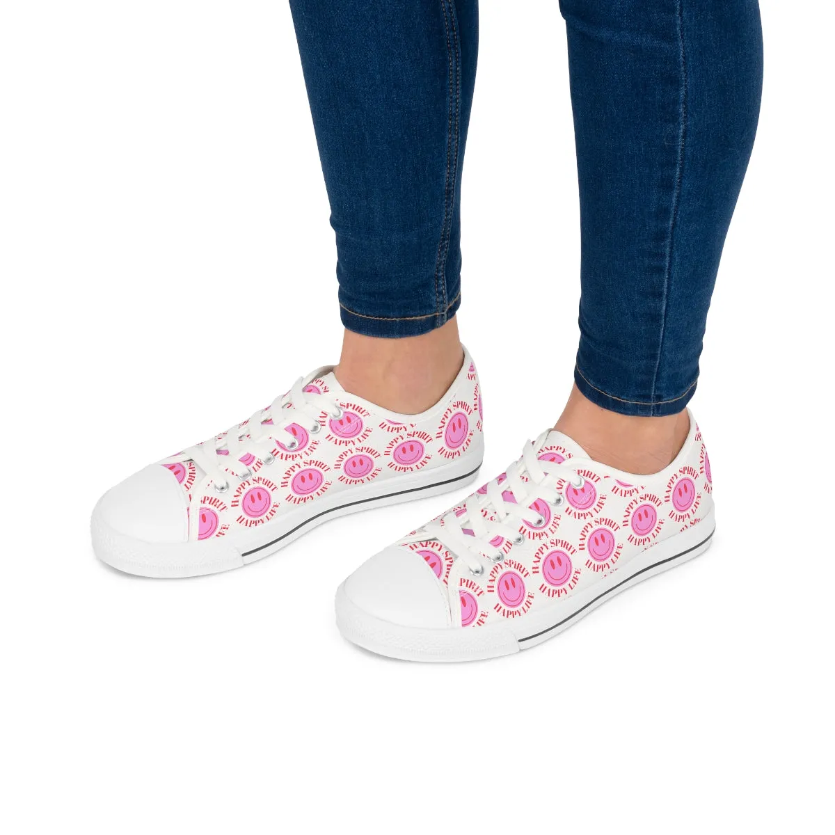 Happy Spirit Happy Life Pink Smile Sneakers, Smile Canvas Low Top Shoes for Women, Vsco Girl Shoes, Tumblr Shoes, White Pink Red Shoes