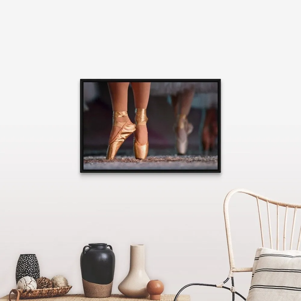 "Feet wearing ballet shoes" Black Float Frame Canvas Art